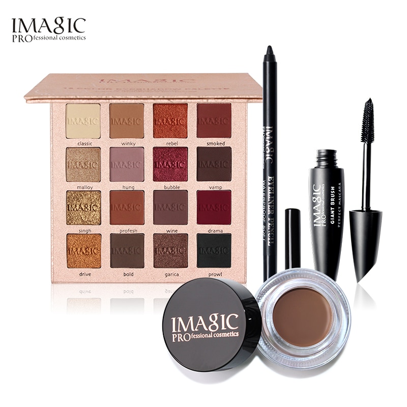 IMAGIC Eyes Daily Makeup 4PCS 16 Colors Eyeshadow Palette Black Eyeliner Pen Mascara and Eyebrow Cream