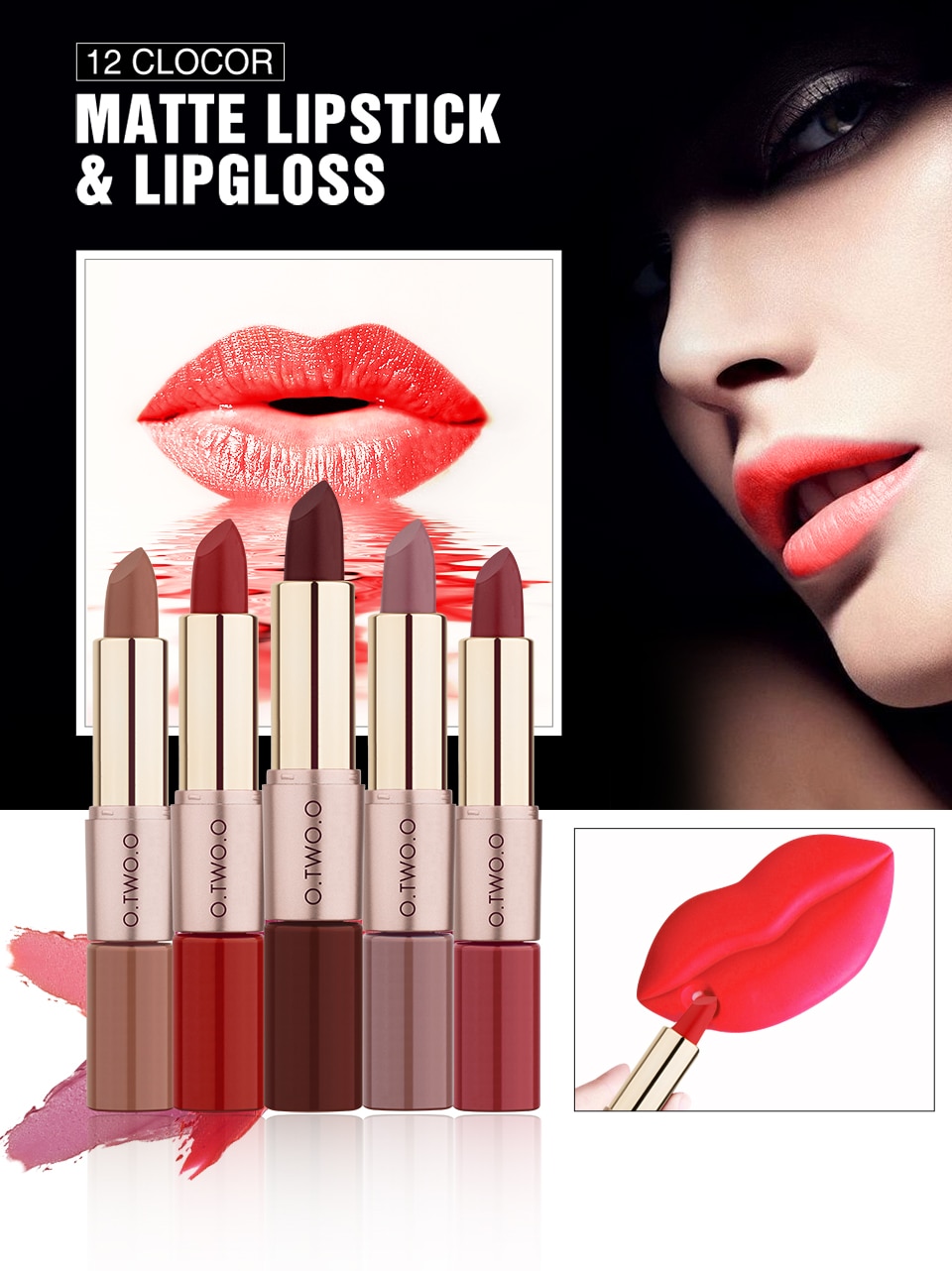 O.TWO.O 12 Colors Lips Makeup Lipstick Lip Gloss Long Lasting Moisture Cosmetic Lipstick Red Lip Matte Lipstick Waterproof